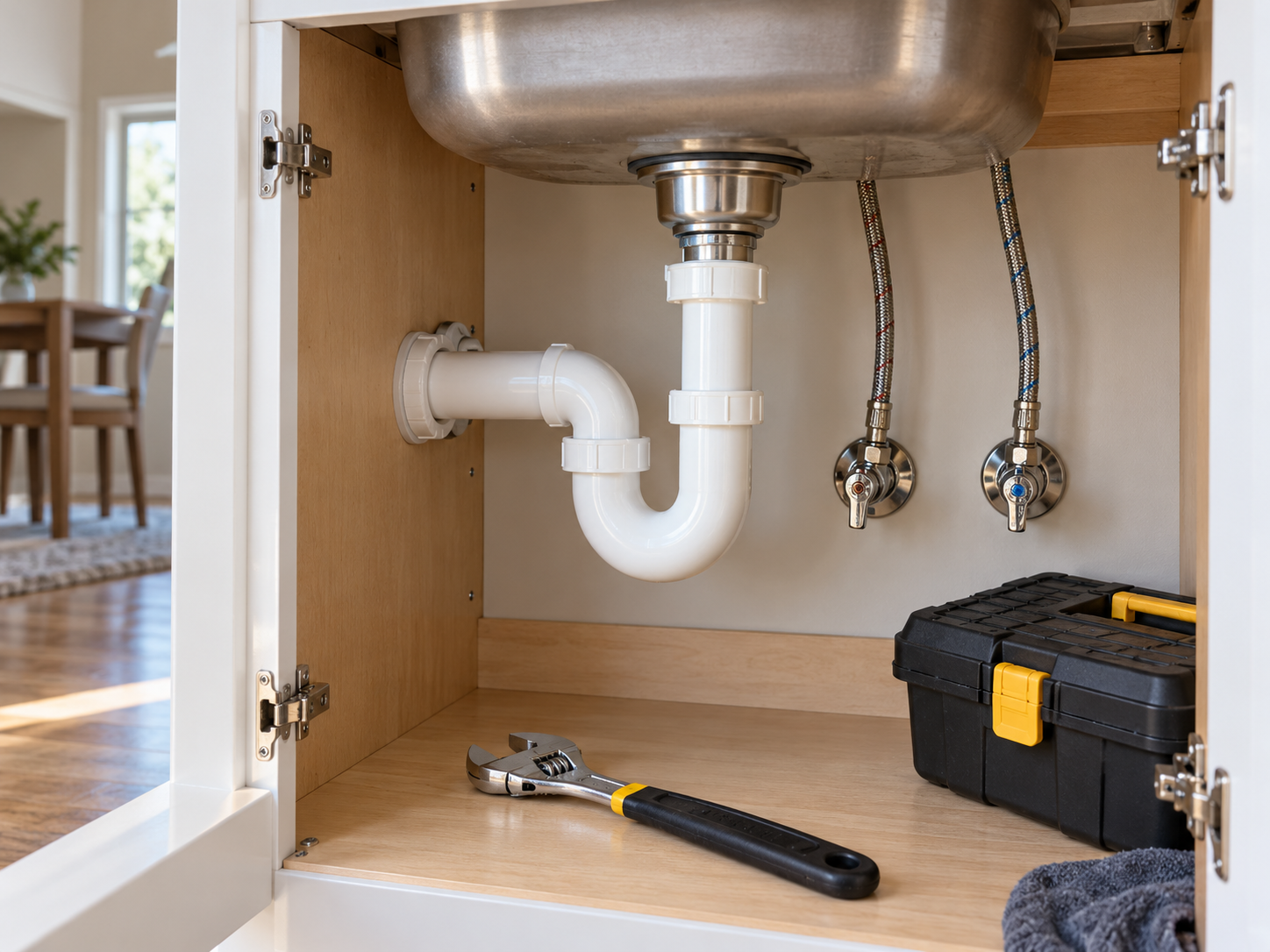 Illustration (not a photograph of our work) showing plumbing and handyman tools with pipework.