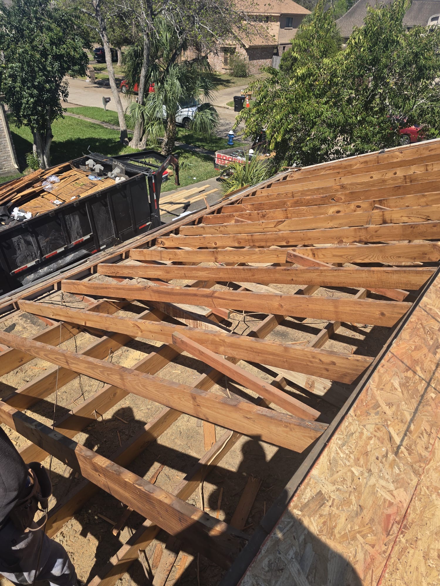 Wide view of a roof structure with framing members in place across the slope.