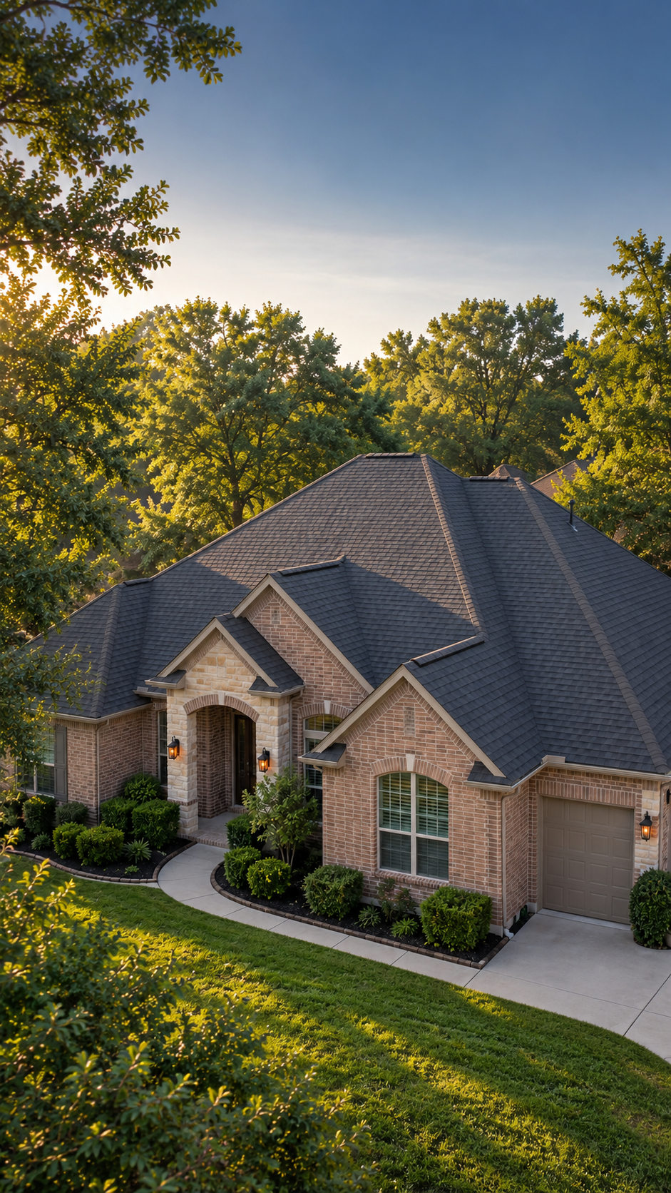 Illustration of a house with a pitched shingle roof under a warm sky. Illustrated artwork, not a photograph of a completed project.