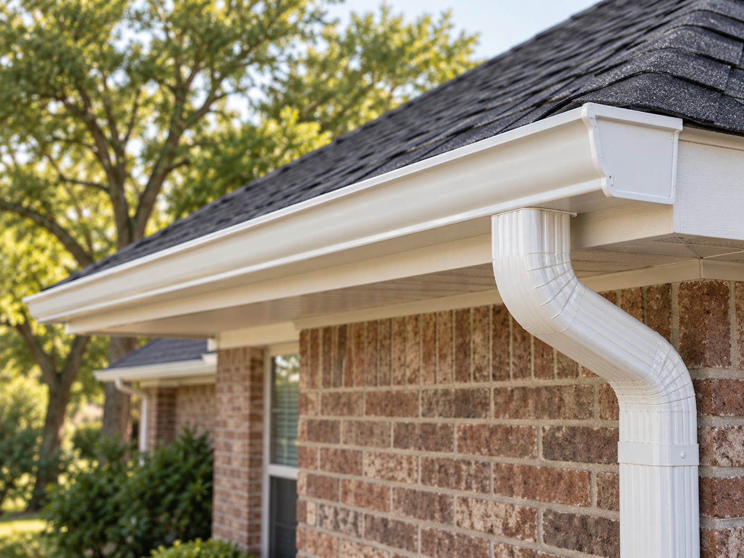 Illustration (not a photograph of our work) showing a gutter running along a roof edge and a downspout carrying water away from a house.